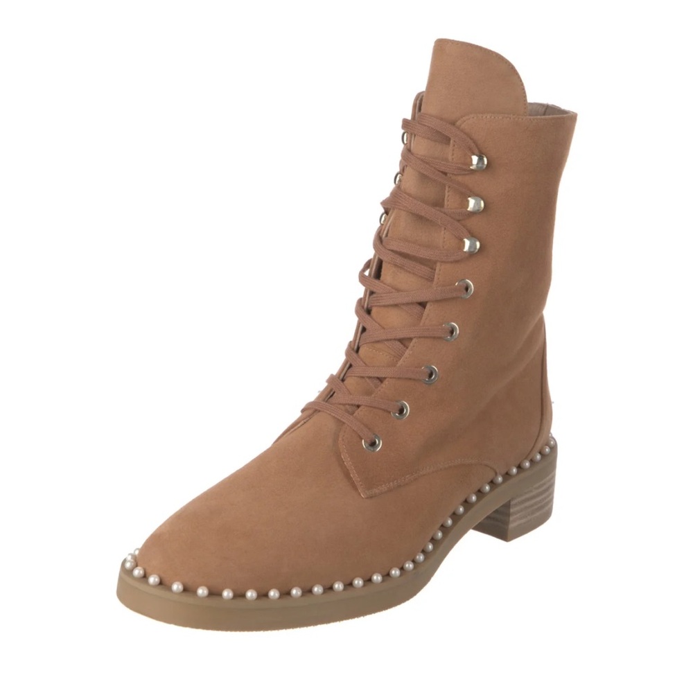 Stuart Weitzman Cognac Suede Lace-Up Pearl-Trim Combat Boot